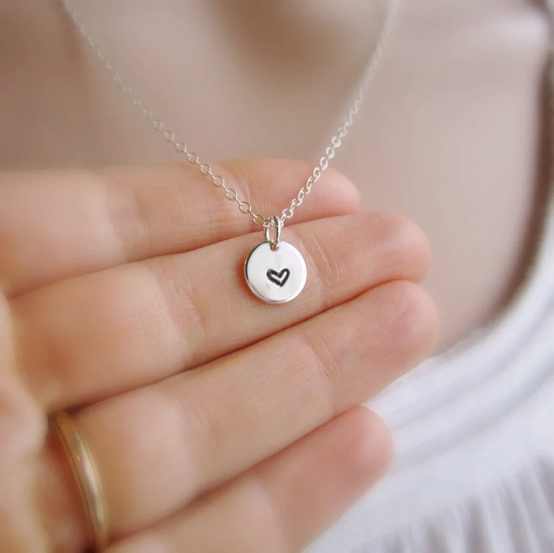 Tiny Hand Stamped Heart Necklace – Sterling Silver, 16" or 18" Chain