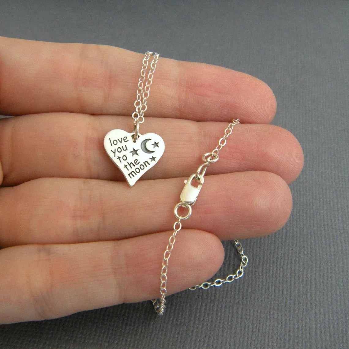Love You to the Moon Necklace – Sterling Silver Heart Charm on 18" Chain