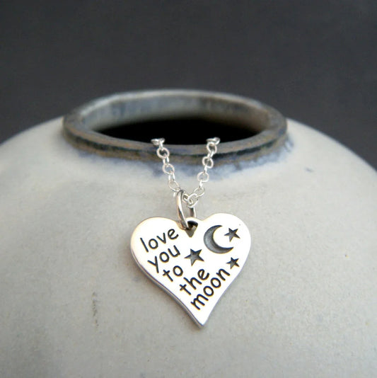 Love You to the Moon Necklace – Sterling Silver Heart Charm on 18" Chain