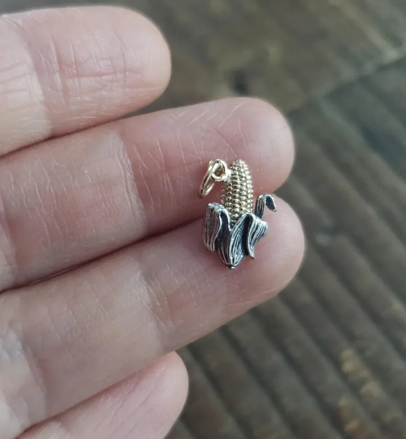 Mixed Metal Corn Necklace – Sterling Silver & Bronze Corn Cob Charm – Midwest Inspired Dainty Necklace