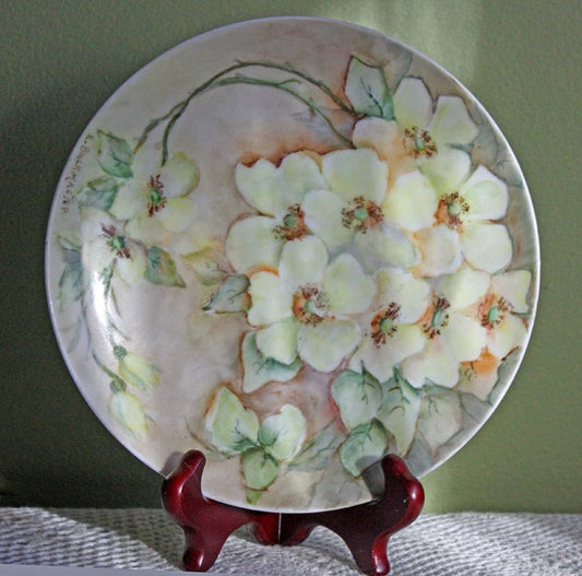 Decorataive Plate by Buckmaster, Bavaria. Hand Painted Plate with Cherry Blossom. Signed by Artist. Porcelain Plate with White Flowers.