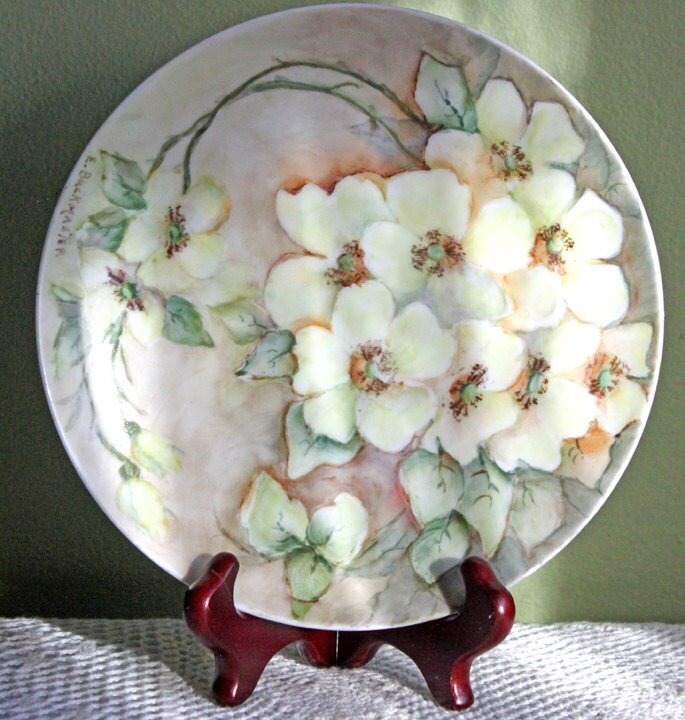 Decorataive Plate by Buckmaster, Bavaria. Hand Painted Plate with Cherry Blossom. Signed by Artist. Porcelain Plate with White Flowers.