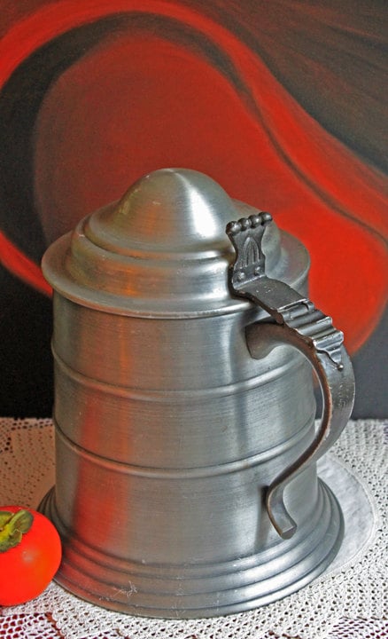 Vintage Ice Bucket  with Lid and Plastic Insert.  Pewter or Aluminum Jar with Ornate Handle