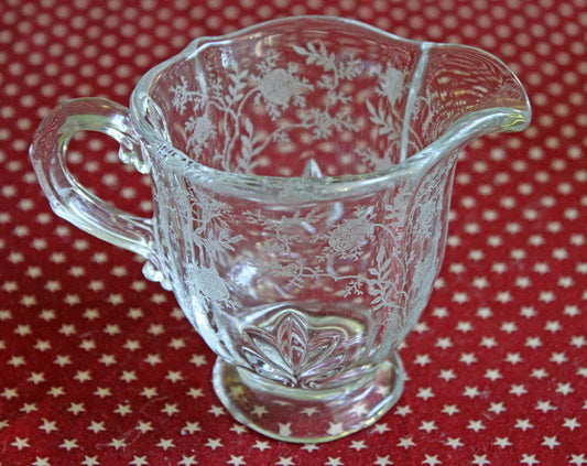 Fostoria Vintage Glass Footed Creamer with Chintz Etch in Baroque Pattern