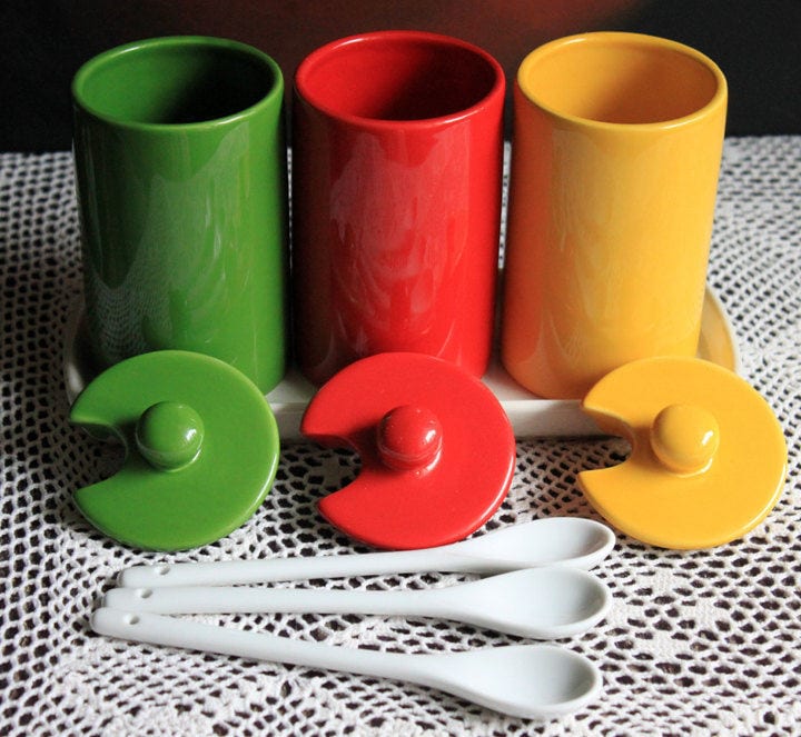 Condiment Jars with Lids , Spoons , and Tray. Containers for Serving Jam, Honey , or Ketchup. Modern Porcelain Kitchen Containers on Tray.