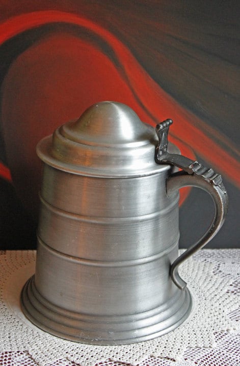 Vintage Ice Bucket  with Lid and Plastic Insert.  Pewter or Aluminum Jar with Ornate Handle