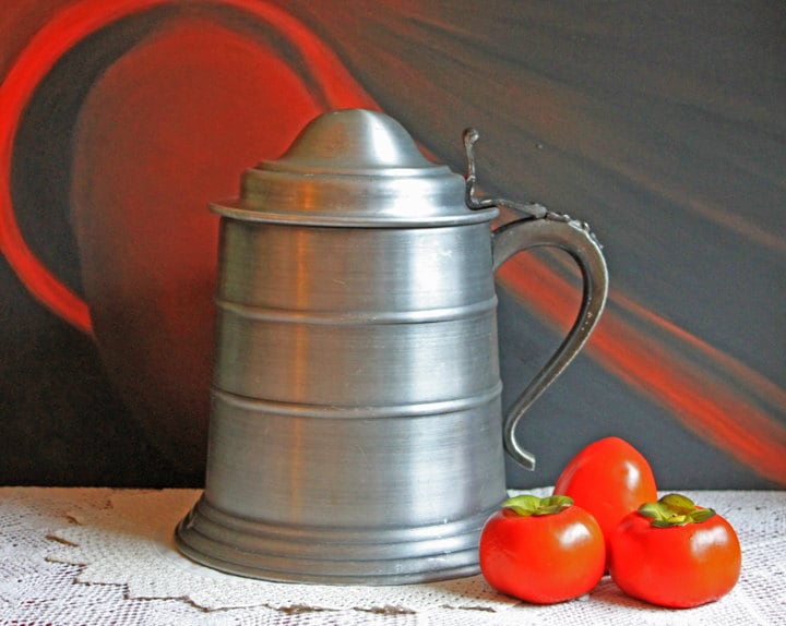 Vintage Ice Bucket  with Lid and Plastic Insert.  Pewter or Aluminum Jar with Ornate Handle