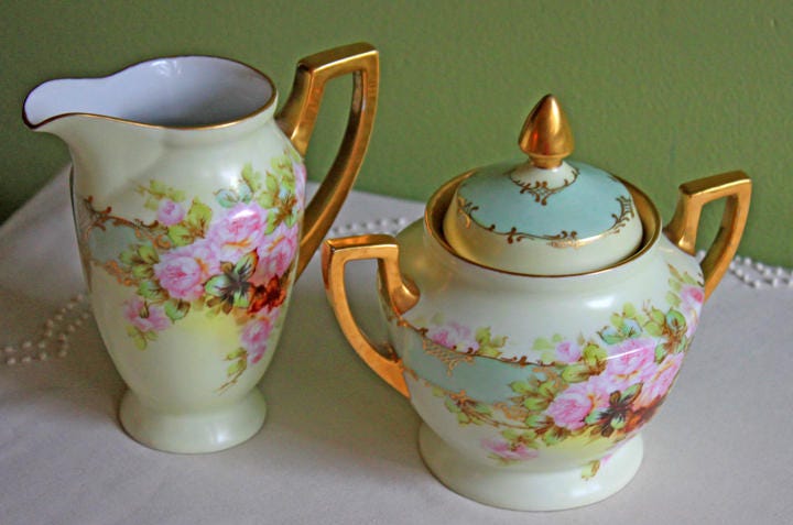 Creamer and Sugar Bowl with Lid.  Antique H & C Selb Bavarian Porcelain.