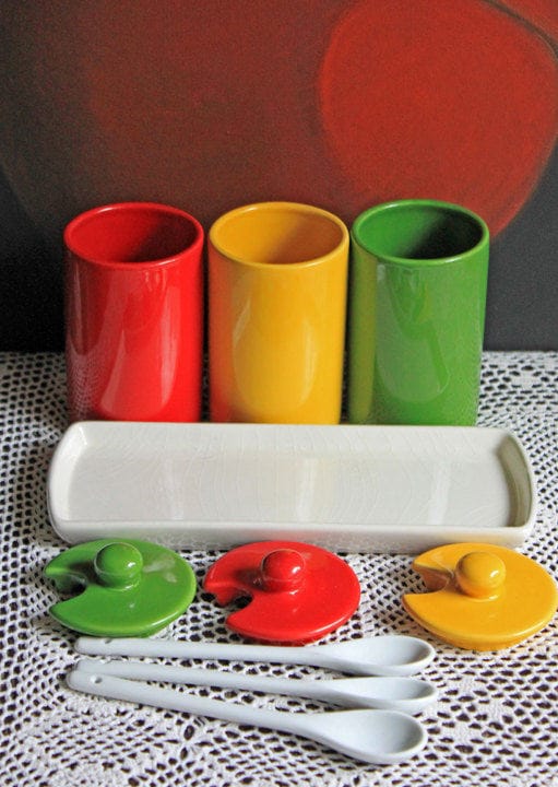 Condiment Jars with Lids , Spoons , and Tray. Containers for Serving Jam, Honey , or Ketchup. Modern Porcelain Kitchen Containers on Tray.