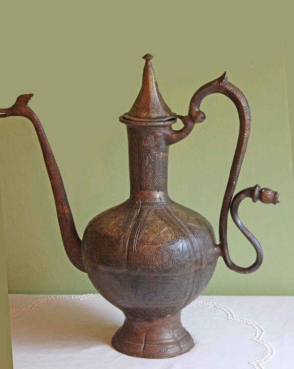 Stunning Antique Aftaba Pot.  Extra Large Hand Hammered Bronze Pot with Amazing Shapes and Decorative Elements.