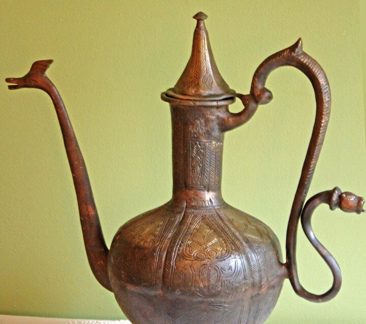 Stunning Antique Aftaba Pot.  Extra Large Hand Hammered Bronze Pot with Amazing Shapes and Decorative Elements.