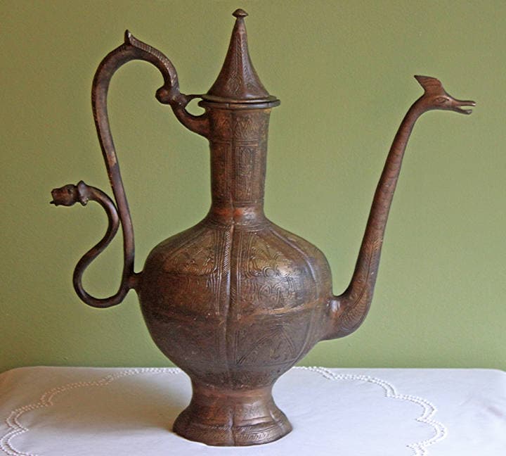 Stunning Antique Aftaba Pot.  Extra Large Hand Hammered Bronze Pot with Amazing Shapes and Decorative Elements.