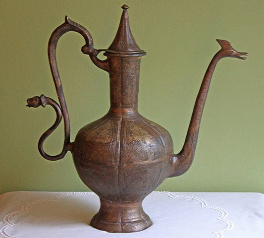 Stunning Antique Aftaba Pot.  Extra Large Hand Hammered Bronze Pot with Amazing Shapes and Decorative Elements.
