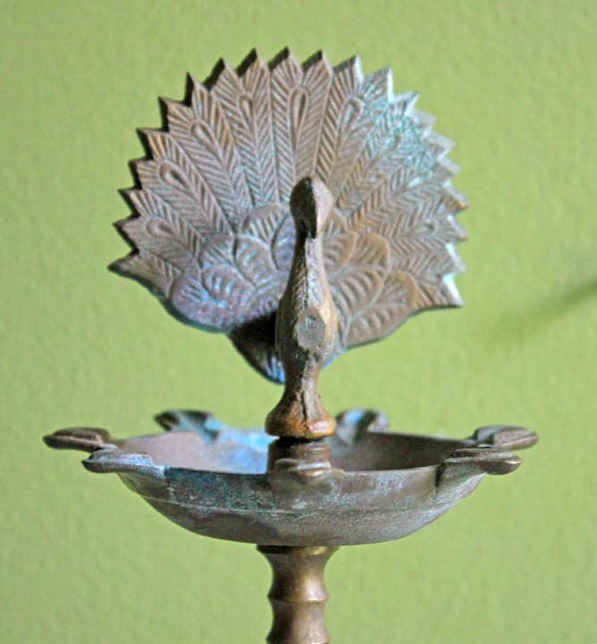 Traditional Diya Oil Lamp. 15" Antique Brass Oil Lamp with Five Burners and Hand Crafted Elephants and Peacocks.