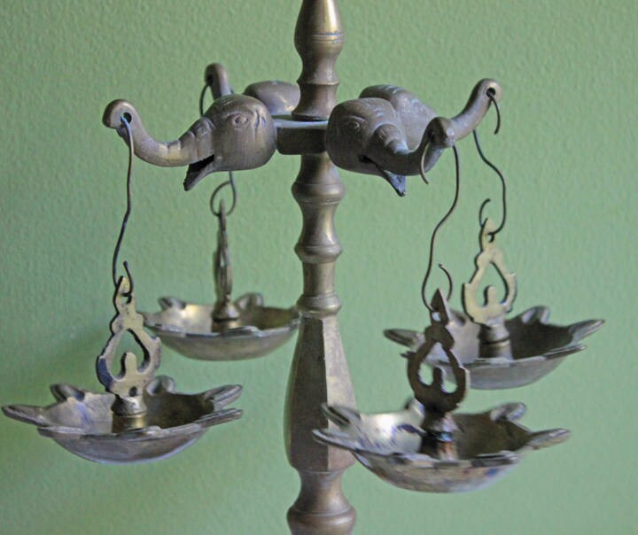 Traditional Diya Oil Lamp. 15" Antique Brass Oil Lamp with Five Burners and Hand Crafted Elephants and Peacocks.