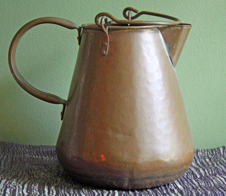 Antique Copper and Pewter Coffee Pot.    Manning Bowman Pot with Ornate Lid , Spout ,  and Handle.  Film or Photo Prop.