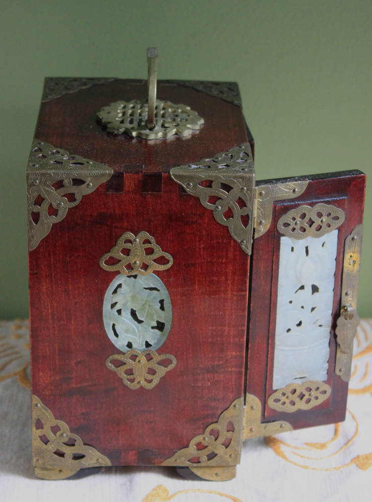 Hand Made Wooden Jewelry Cabinet with Drawers.  Box with Jade Inserts on Doors, Brass Hardware and Handle. Vintage Mini Cabinet.