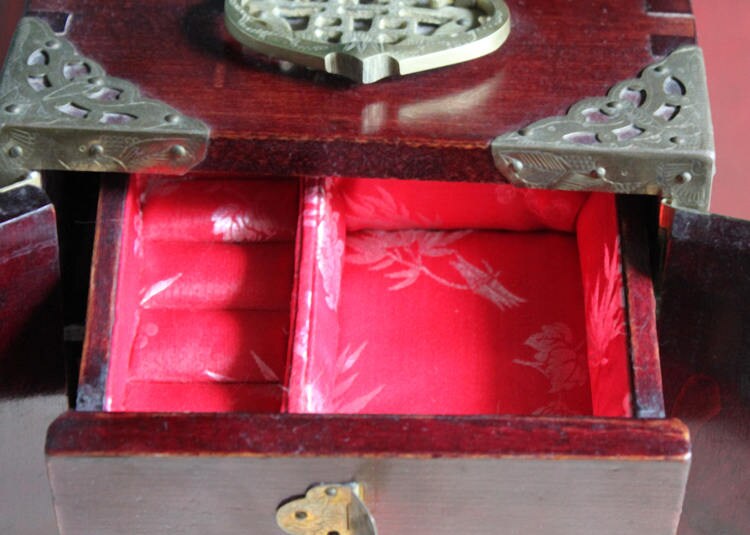Hand Made Wooden Jewelry Cabinet with Drawers.  Box with Jade Inserts on Doors, Brass Hardware and Handle. Vintage Mini Cabinet.