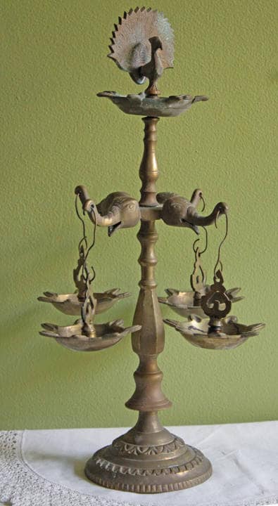 Traditional Diya Oil Lamp. 15" Antique Brass Oil Lamp with Five Burners and Hand Crafted Elephants and Peacocks.