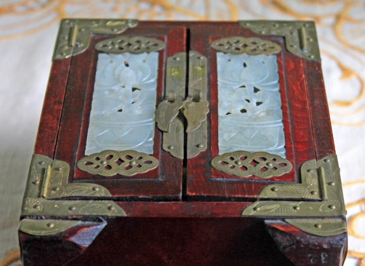 Hand Made Wooden Jewelry Cabinet with Drawers.  Box with Jade Inserts on Doors, Brass Hardware and Handle. Vintage Mini Cabinet.