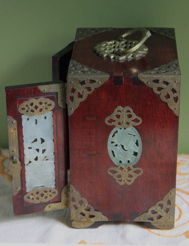 Hand Made Wooden Jewelry Cabinet with Drawers.  Box with Jade Inserts on Doors, Brass Hardware and Handle. Vintage Mini Cabinet.