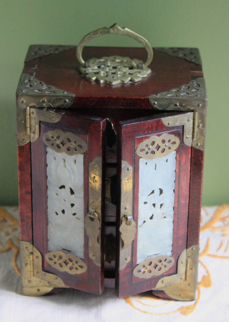 Hand Made Wooden Jewelry Cabinet with Drawers.  Box with Jade Inserts on Doors, Brass Hardware and Handle. Vintage Mini Cabinet.
