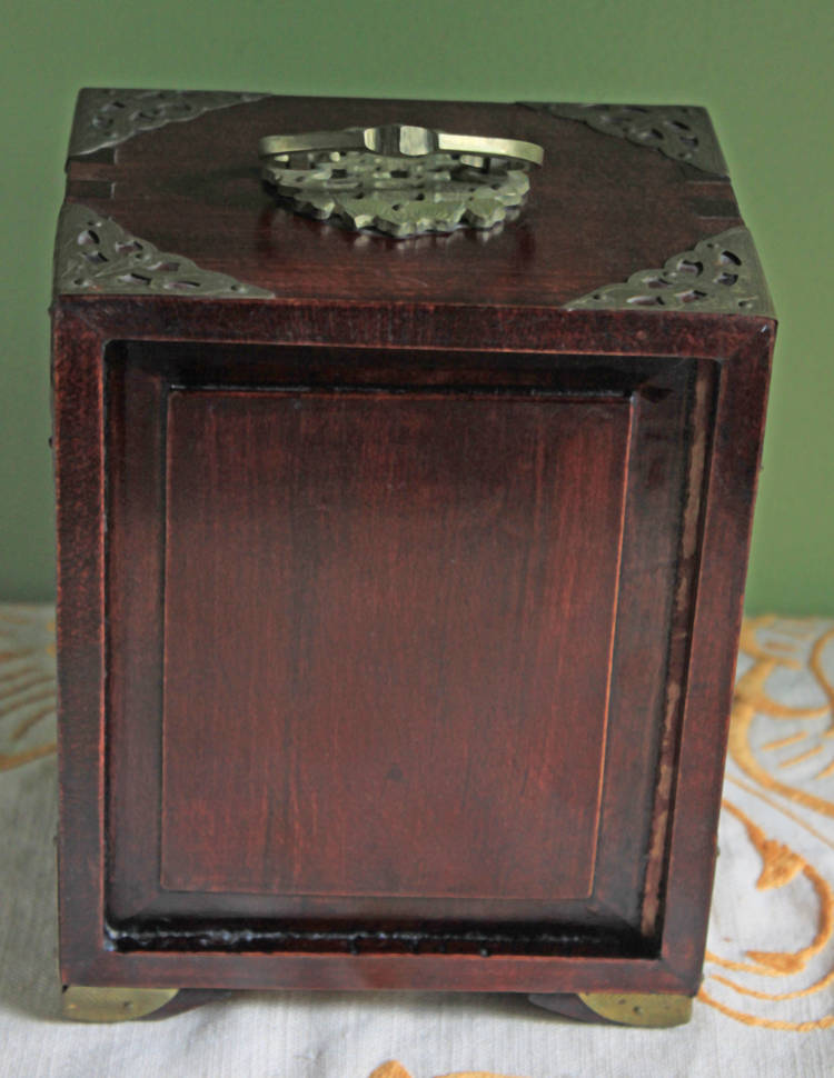 Hand Made Wooden Jewelry Cabinet with Drawers.  Box with Jade Inserts on Doors, Brass Hardware and Handle. Vintage Mini Cabinet.