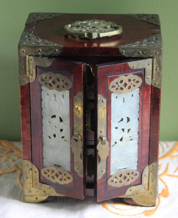 Hand Made Wooden Jewelry Cabinet with Drawers.  Box with Jade Inserts on Doors, Brass Hardware and Handle. Vintage Mini Cabinet.