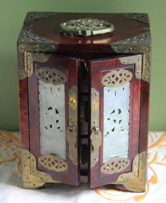 Hand Made Wooden Jewelry Cabinet with Drawers.  Box with Jade Inserts on Doors, Brass Hardware and Handle. Vintage Mini Cabinet.