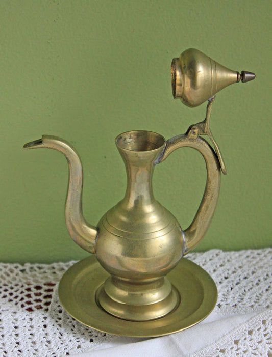 Vintage Brass Aftaba Pitcher and Plate. Pitcher with Hinged Lid. Pitcher for Carrying Holy Water or Home Decor Display.  Gift Idea.