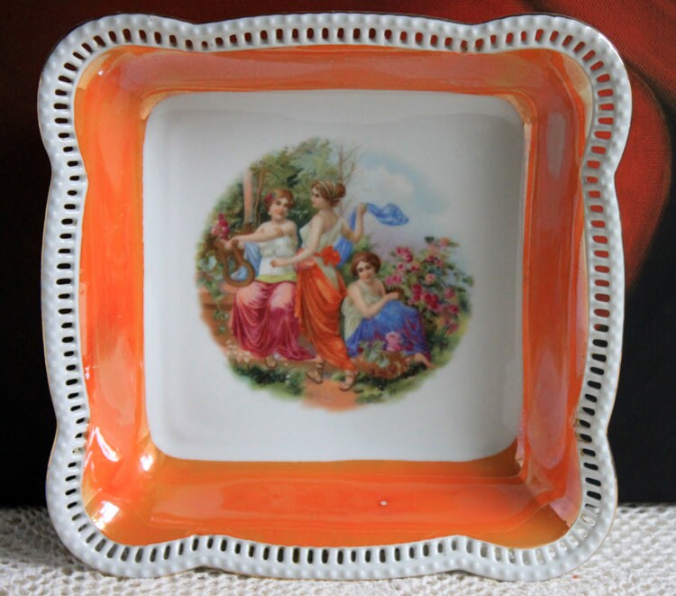 Antique Oval Bowl with Scalloped Intricate Rim ,  Bavarian Porcelain Bowl with Children Playing Images.