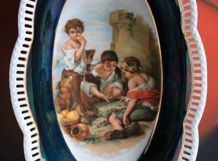 Antique Oval Bowl with Scalloped Intricate Rim ,  Bavarian Porcelain Bowl with Children Playing Images.