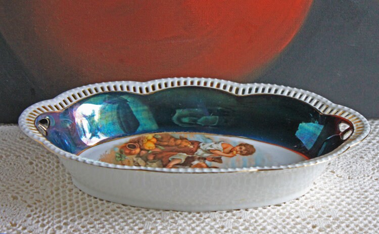 Antique Oval Bowl with Scalloped Intricate Rim ,  Bavarian Porcelain Bowl with Children Playing Images.