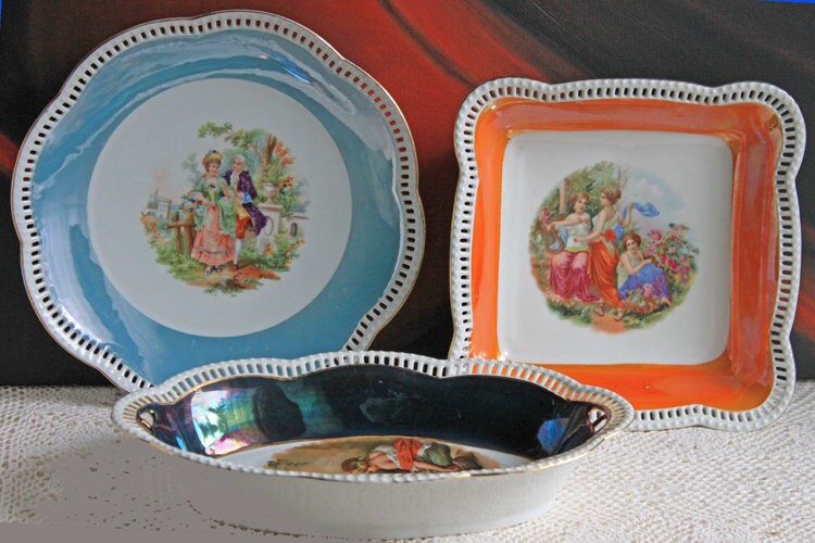 Antique Oval Bowl with Scalloped Intricate Rim ,  Bavarian Porcelain Bowl with Children Playing Images.