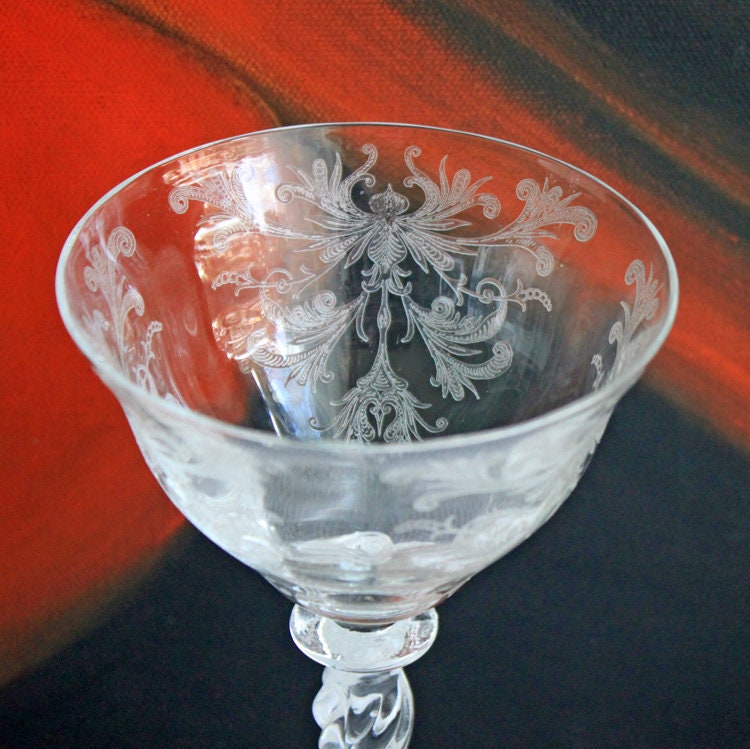 Juice / Water Glasses.  Tiffin's Byzantine  Pattern.  Five Small Etched Footed Tumblers.