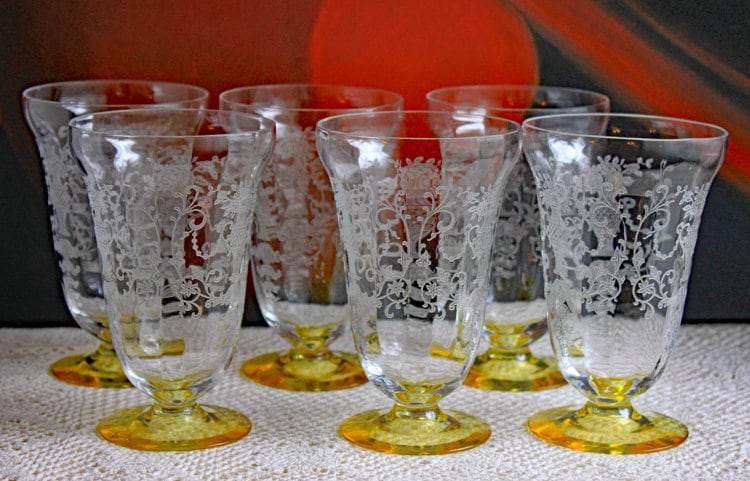 Fostoria Contour Clear Crystal Goblets with S-Shaped Stem. Set of Seven Water or Juice Stemware.  Luxurious Barware. Gift for Him.