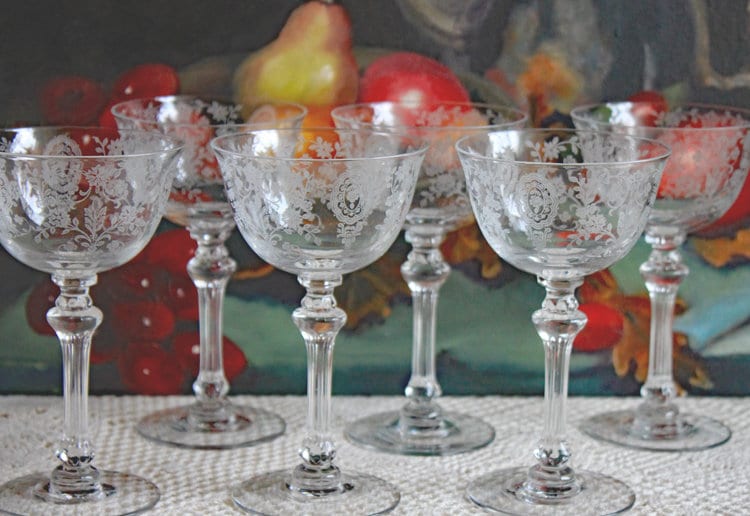 Vintage Cut Crystal Champagne Glasses.   Set of 9 Vintage Glasses with Daisy Motif.  Fine Stemware.
