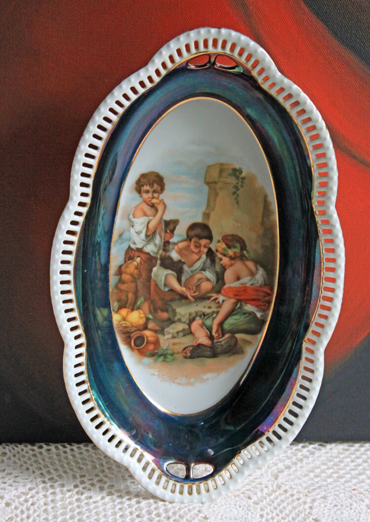Antique Oval Bowl with Scalloped Intricate Rim ,  Bavarian Porcelain Bowl with Children Playing Images.