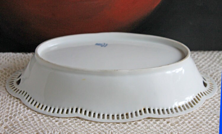 Antique Oval Bowl with Scalloped Intricate Rim ,  Bavarian Porcelain Bowl with Children Playing Images.