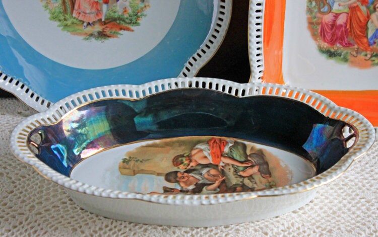 Antique Oval Bowl with Scalloped Intricate Rim ,  Bavarian Porcelain Bowl with Children Playing Images.