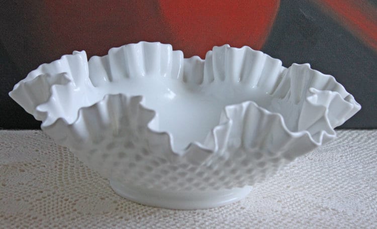 Milk Glass Bowl with Open Lace Edge.  Large Footed Fruit or Candy Bowl.  Westmoreland Collectible Display or Wedding Reception.
