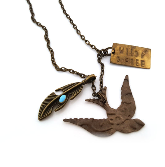 Wild and Free Charm Necklace – Brass Bird, Feather, and Handstamped Tag