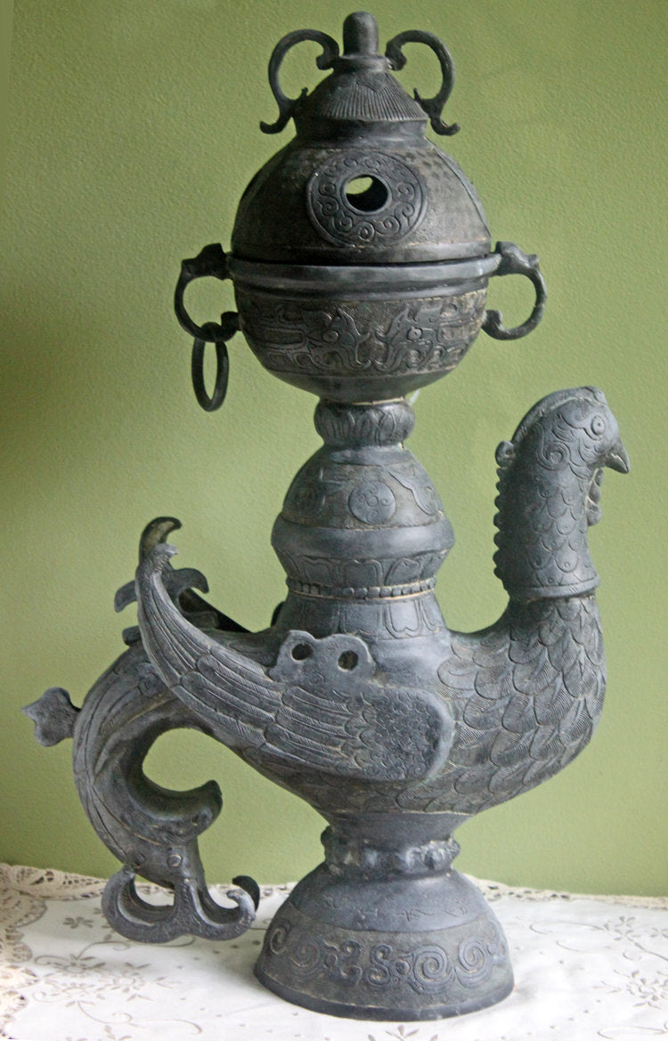 Antique Bronze Incense Burner. Asian Ritual Vessel. 18th-19th Century China Large Incense Burner in Shape of Bird. Museum Quality Artifact.