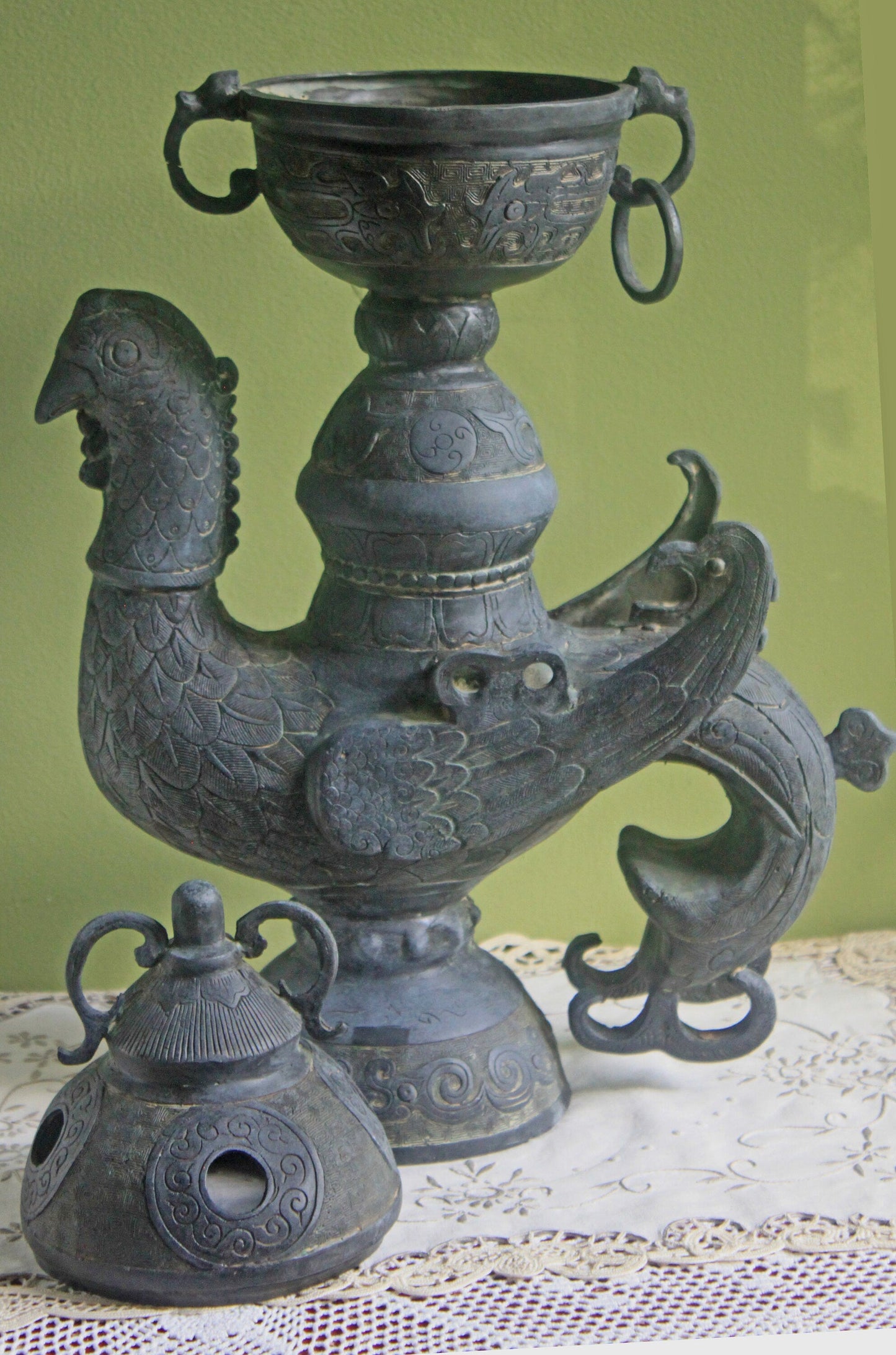 Antique Bronze Incense Burner. Asian Ritual Vessel. 18th-19th Century China Large Incense Burner in Shape of Bird. Museum Quality Artifact.