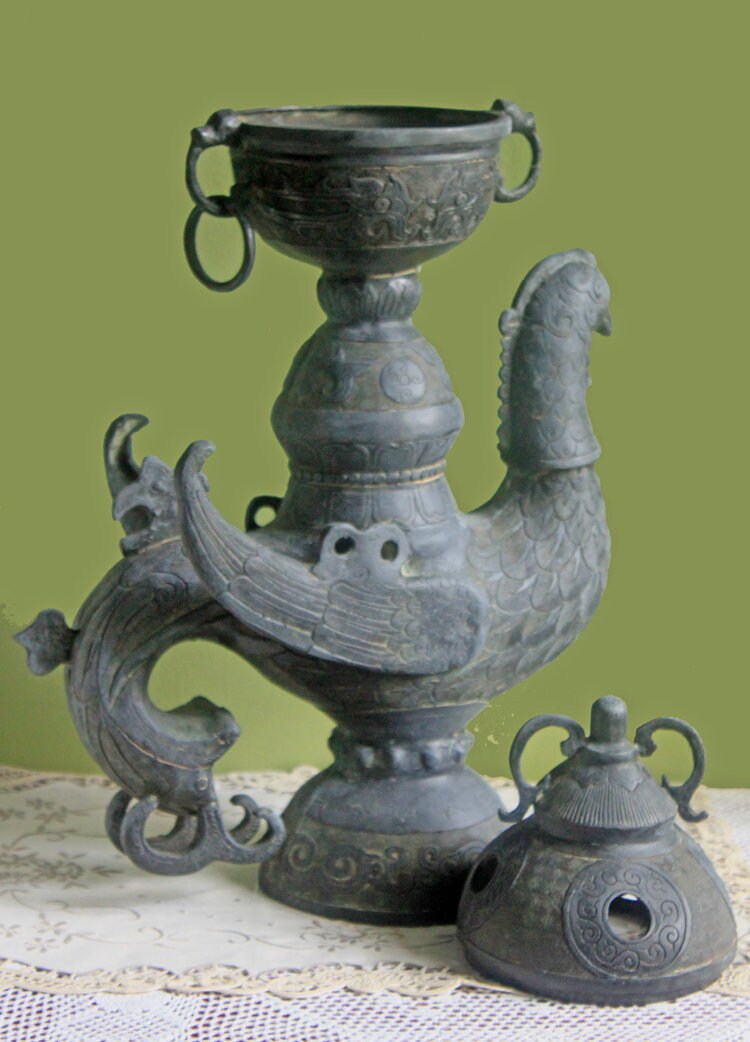 Antique Bronze Incense Burner. Asian Ritual Vessel. 18th-19th Century China Large Incense Burner in Shape of Bird. Museum Quality Artifact.
