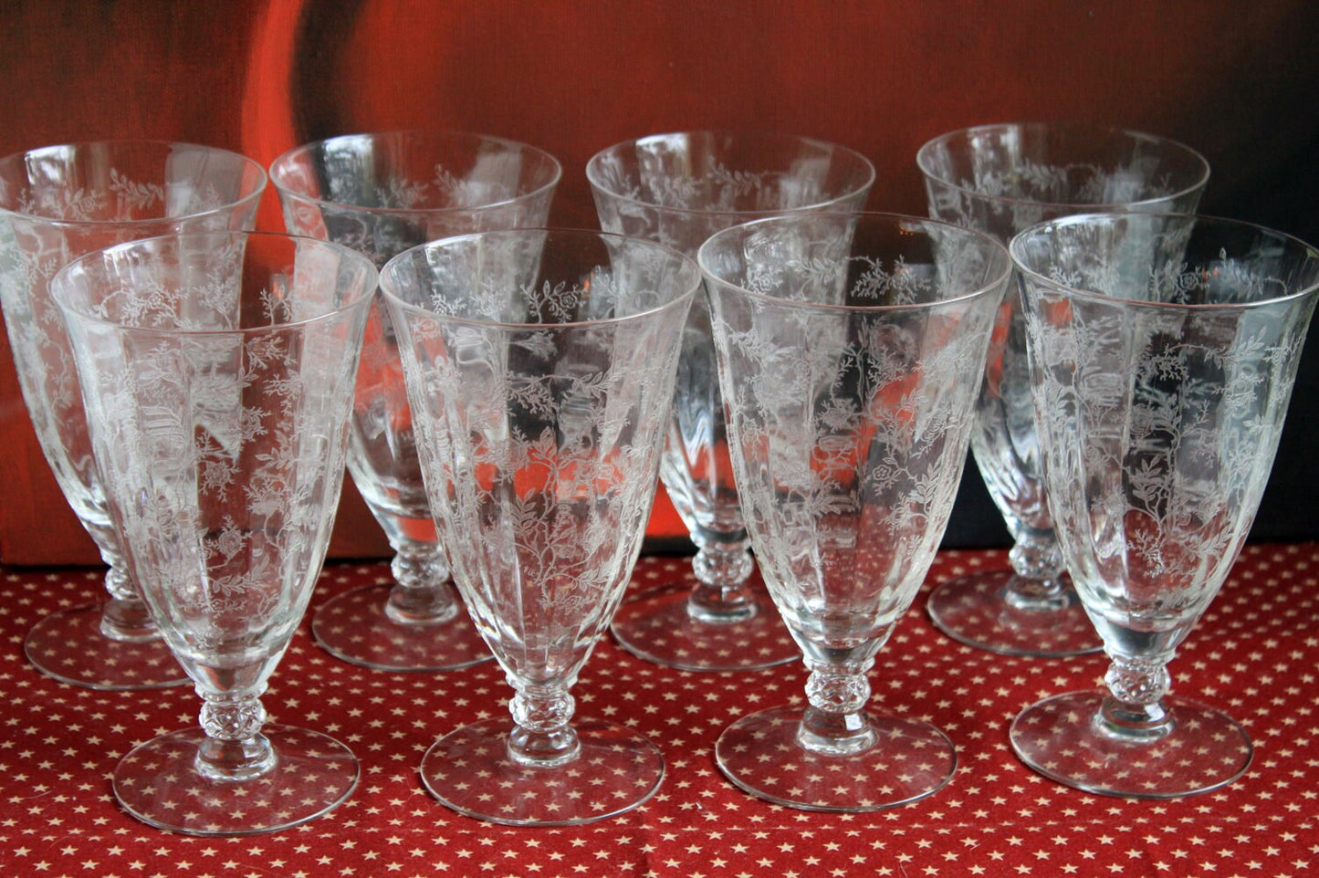 Vintage Fostoria Claret Wine Glasses. Set of Two Chintz Motif Stemware. Fine Dining.