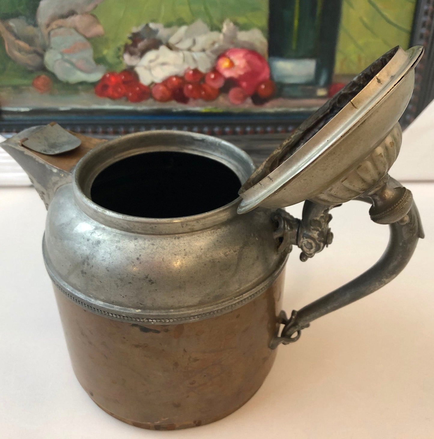 Antique Copper and Pewter Coffee Pot.    Manning Bowman Pot with Ornate Lid , Spout ,  and Handle.  Film or Photo Prop.