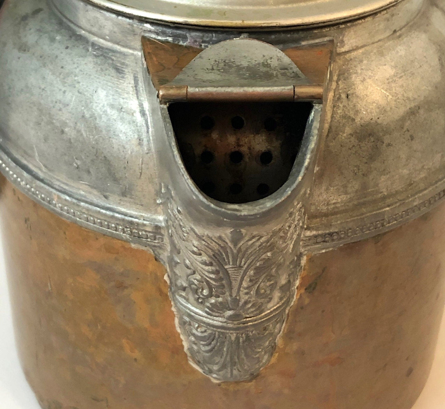 Antique Copper and Pewter Coffee Pot.    Manning Bowman Pot with Ornate Lid , Spout ,  and Handle.  Film or Photo Prop.