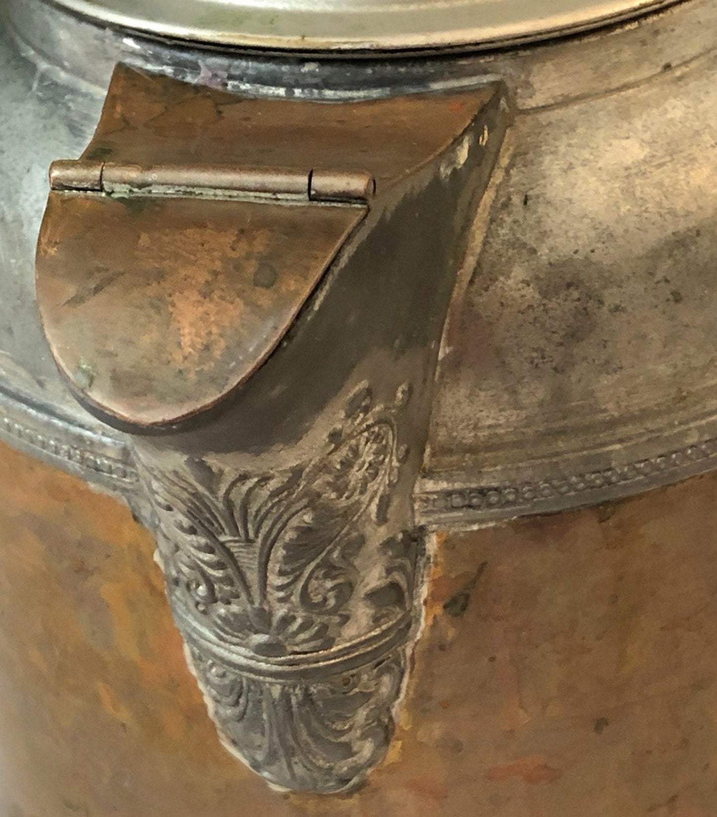 Antique Copper and Pewter Coffee Pot.    Manning Bowman Pot with Ornate Lid , Spout ,  and Handle.  Film or Photo Prop.