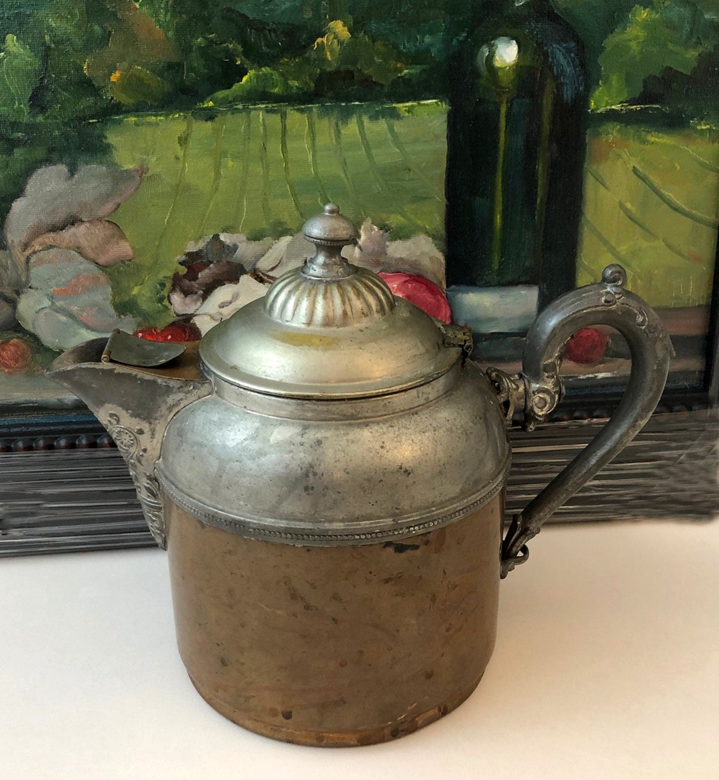 Antique Copper and Pewter Coffee Pot.    Manning Bowman Pot with Ornate Lid , Spout ,  and Handle.  Film or Photo Prop.